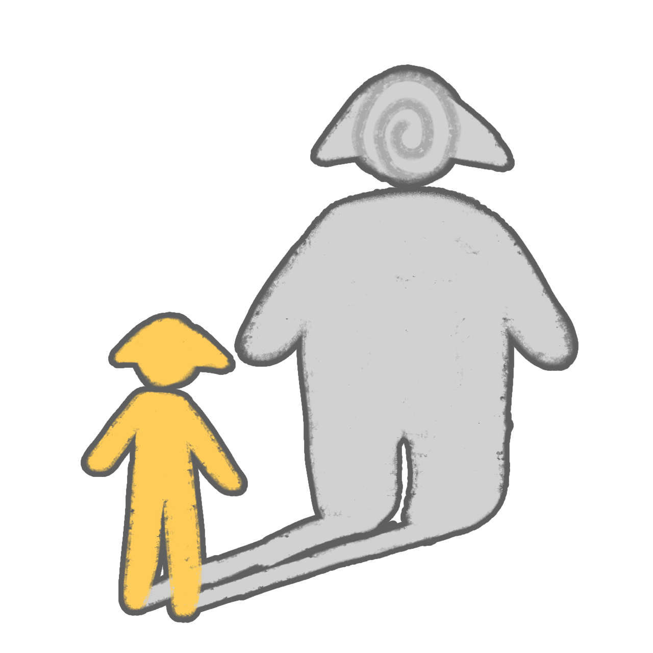 a yellow figure with ears folded back is standing up, in front of them is what appears to be a shadow of them but way bigger, grey and distorted with a spiral on the face.